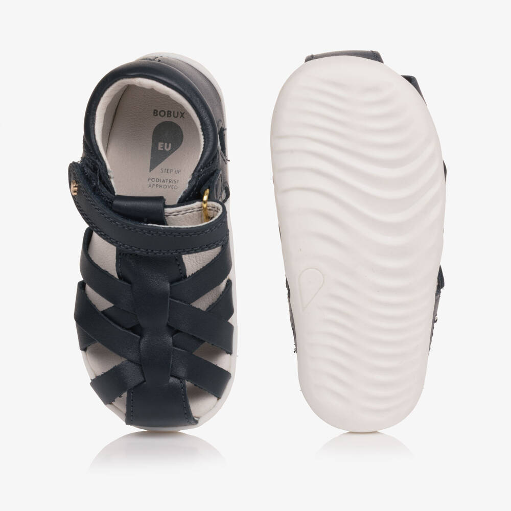 Bobux Step Up-Baby Boys Navy Blue Leather Velcro First Walkers | Childrensalon
