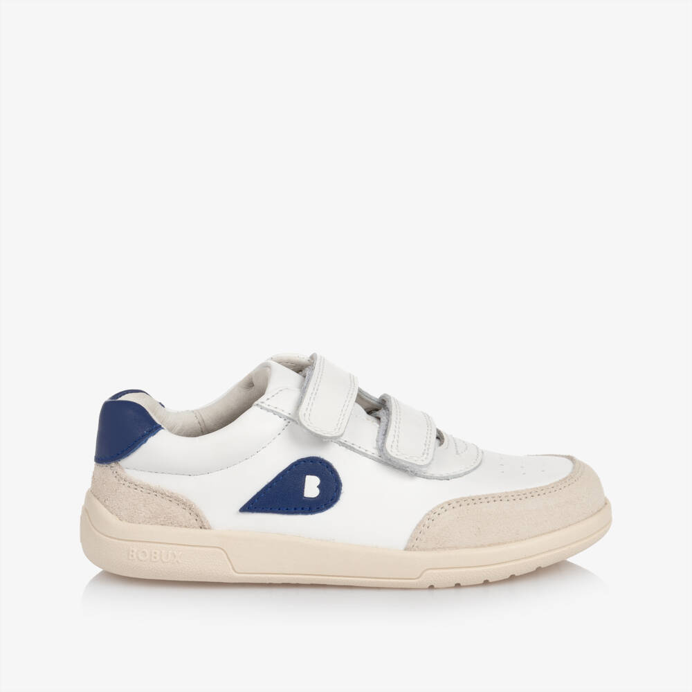 Bobux Kid +-Boys White & Blue Leather Trainers | Childrensalon