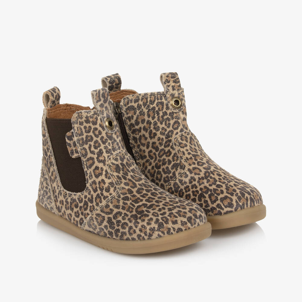 Bobux IWalk-Girls Beige Leopard Shimmer Chelsea Boots | Childrensalon
