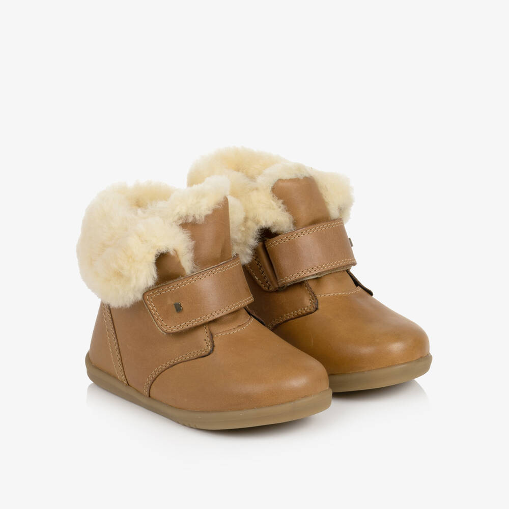 Bobux ЯИду-Girls Brown Leather & Lambswool First Walker Boots | Childrensalon