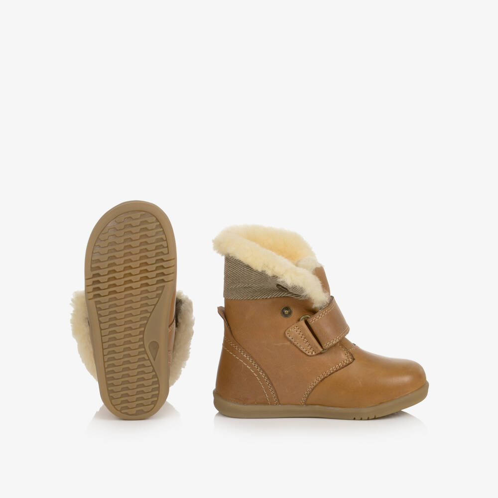 Bobux IWalk-Girls Brown Leather & Lambswool First Walker Boots | Childrensalon