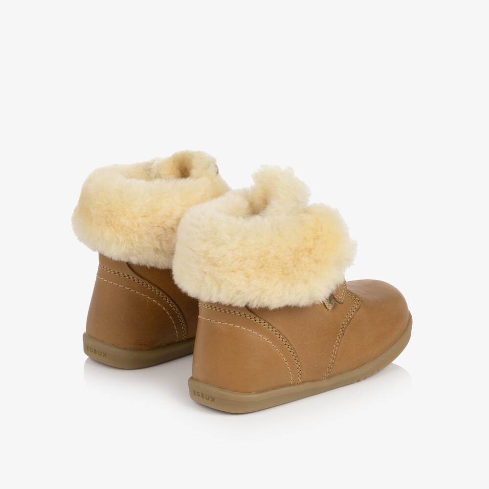Bobux IWalk-Girls Brown Leather & Lambswool First Walker Boots | Childrensalon
