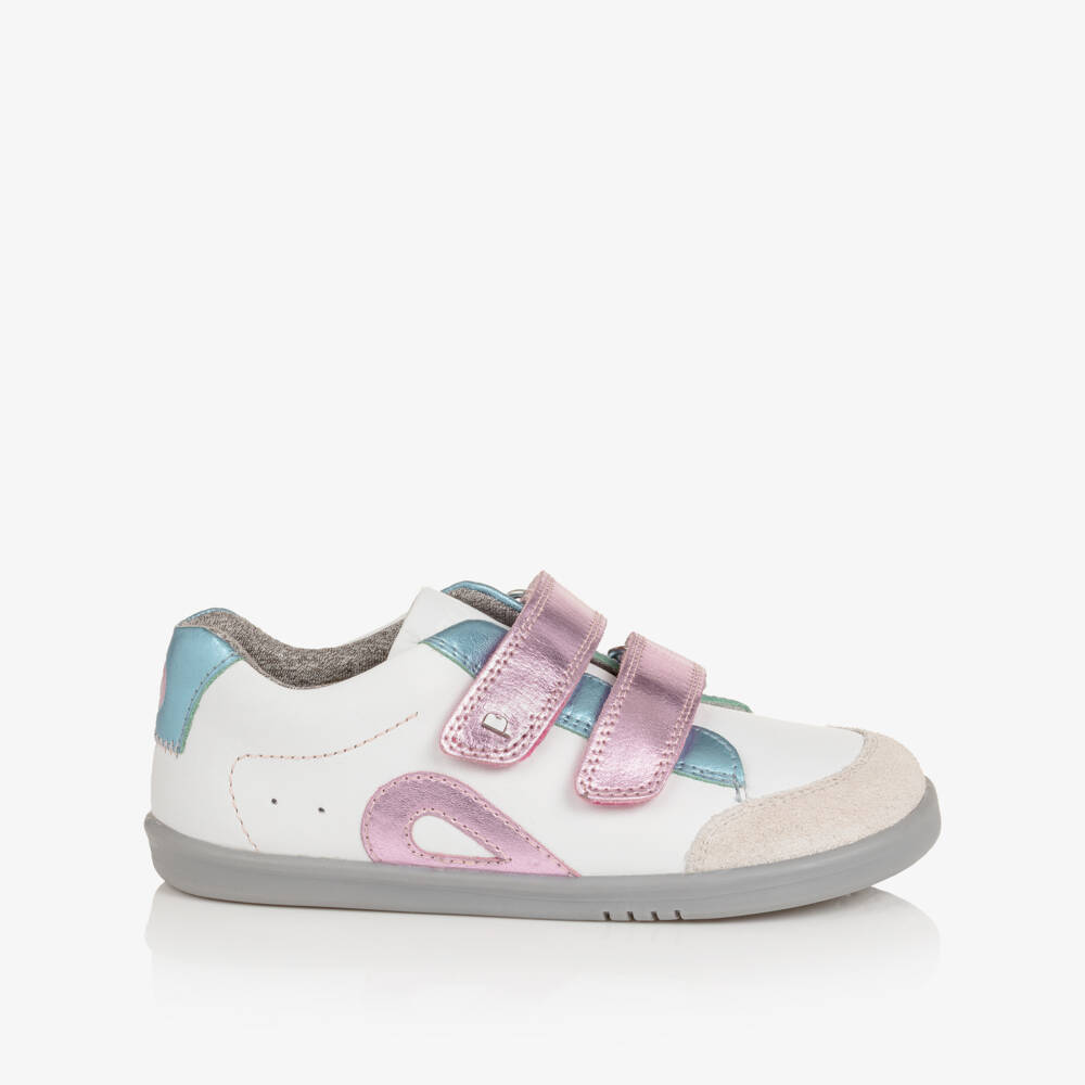 Bobux IWalk-Girls White Leather Trainers with Metallic & Suede Trims | Childrensalon