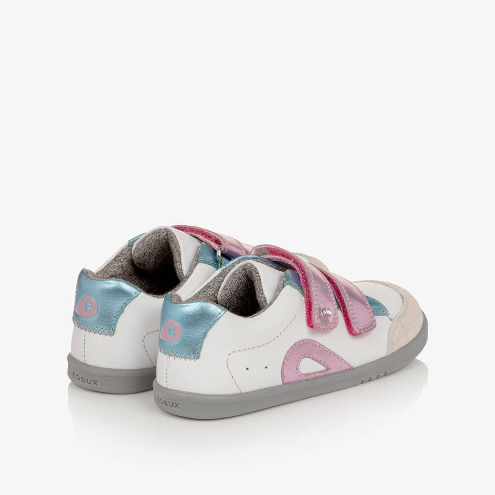 Bobux IWalk-Girls White Leather Trainers with Metallic & Suede Trims | Childrensalon