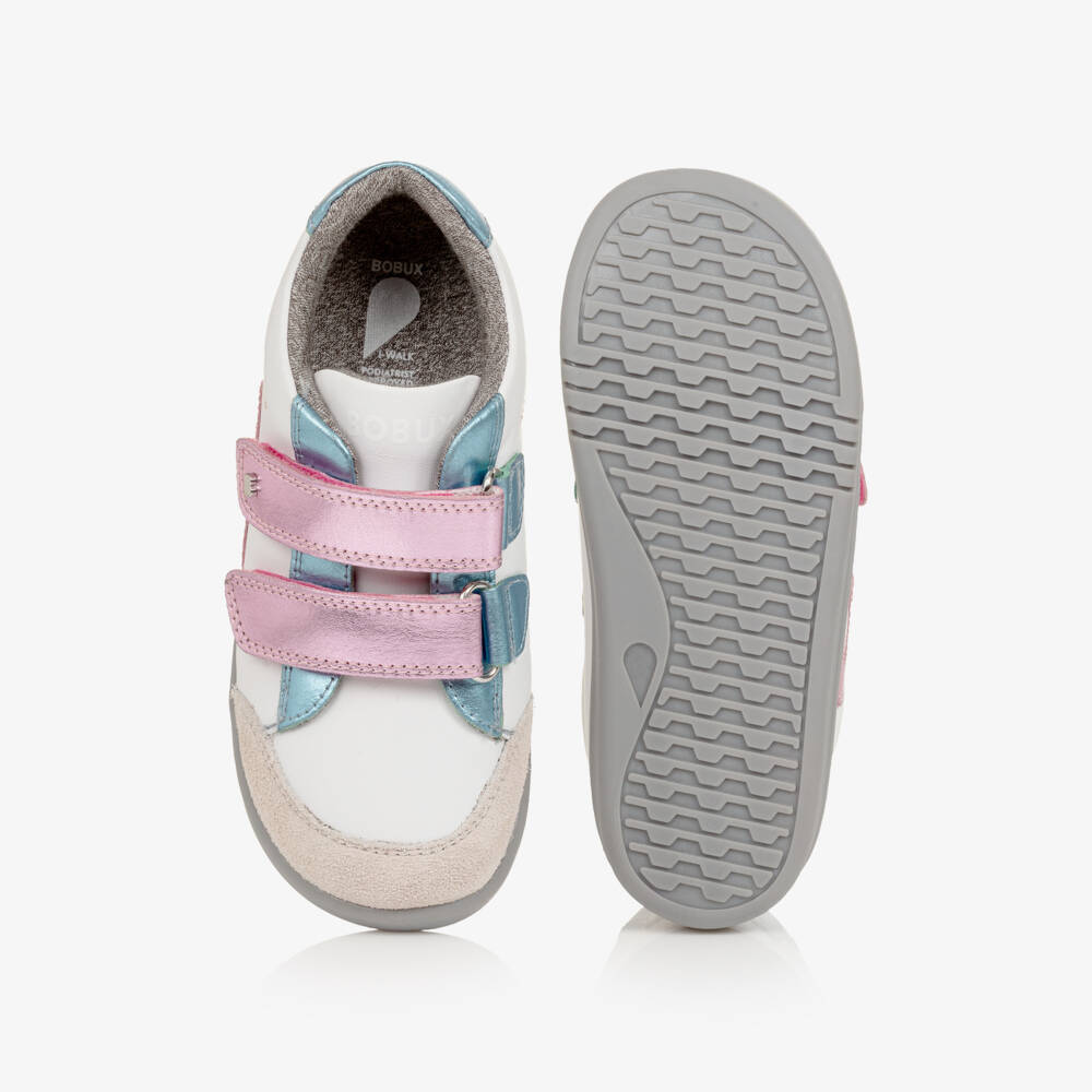Bobux IWalk-Girls White Leather Trainers with Metallic & Suede Trims | Childrensalon