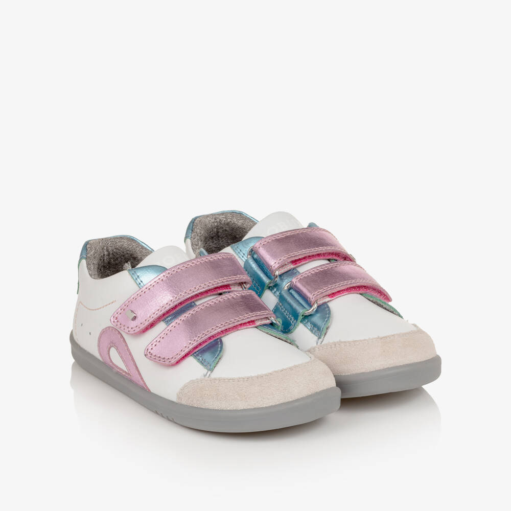 Bobux IWalk-Girls White Leather Trainers with Metallic & Suede Trims | Childrensalon