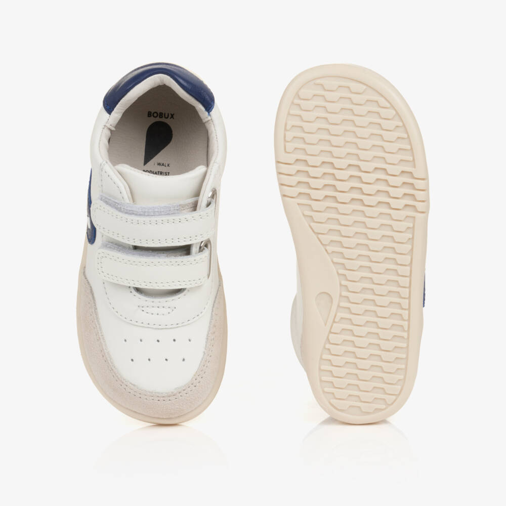 Bobux IWalk-White & Blue Leather Velcro Trainers | Childrensalon