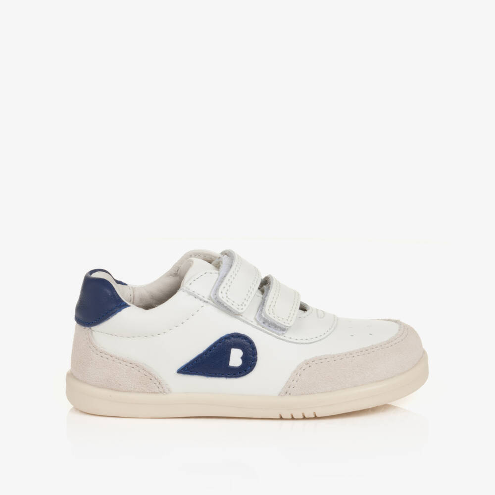 Bobux IWalk-White & Blue Leather Velcro Trainers | Childrensalon