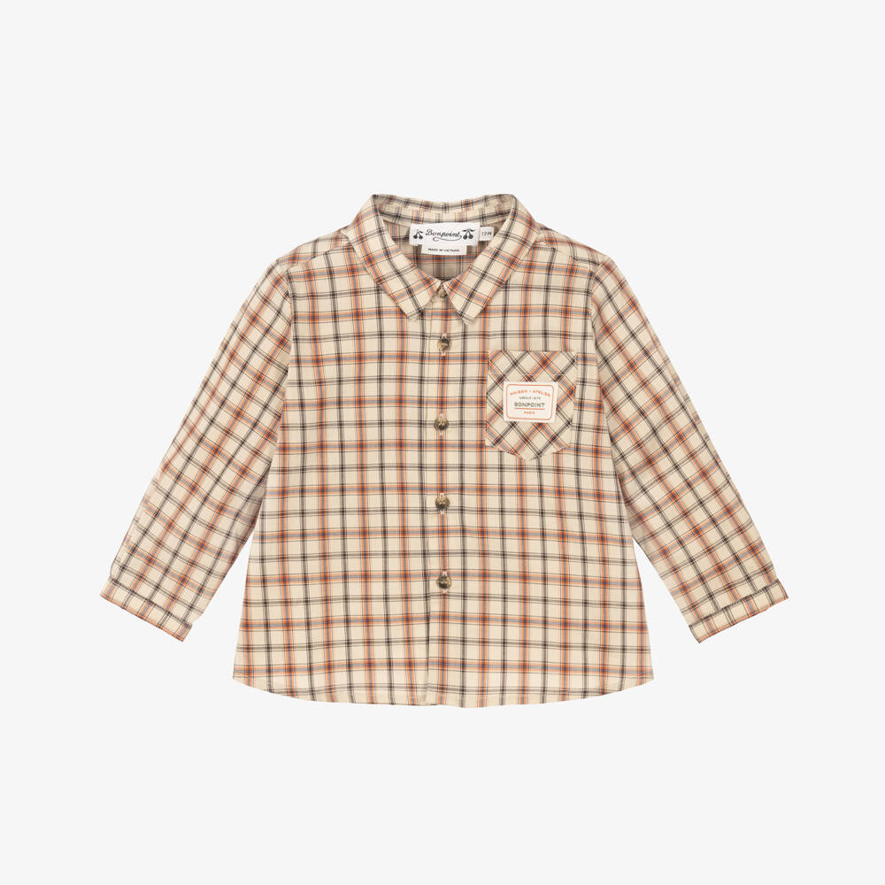 Bonpoint-Baby Boys Beige Cotton Poplin Check Shirt | Childrensalon