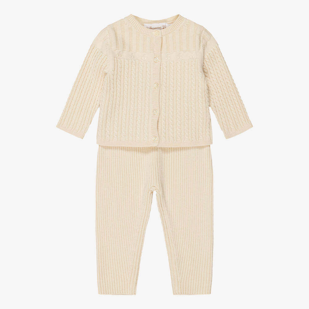 Bonpoint-Baby Girls Beige Cable Knit Cardigan & Trouser Set | Childrensalon