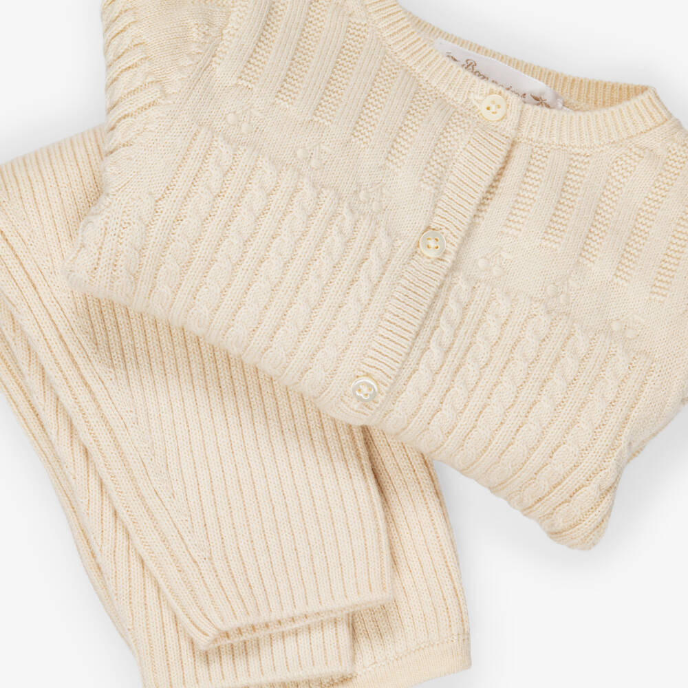 Bonpoint-Baby Girls Beige Cable Knit Cardigan & Trouser Set | Childrensalon
