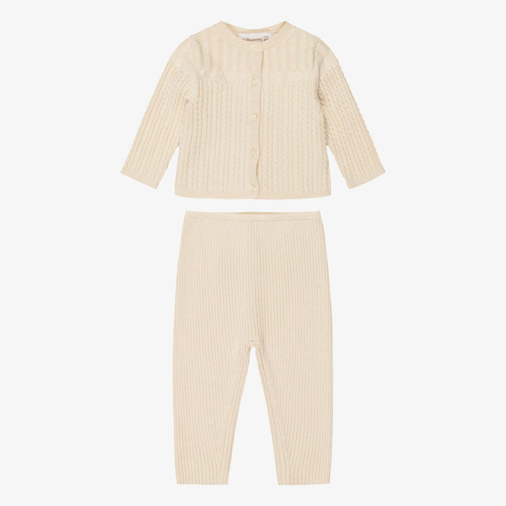 Bonpoint-Baby Girls Beige Cable Knit Cardigan & Trouser Set | Childrensalon