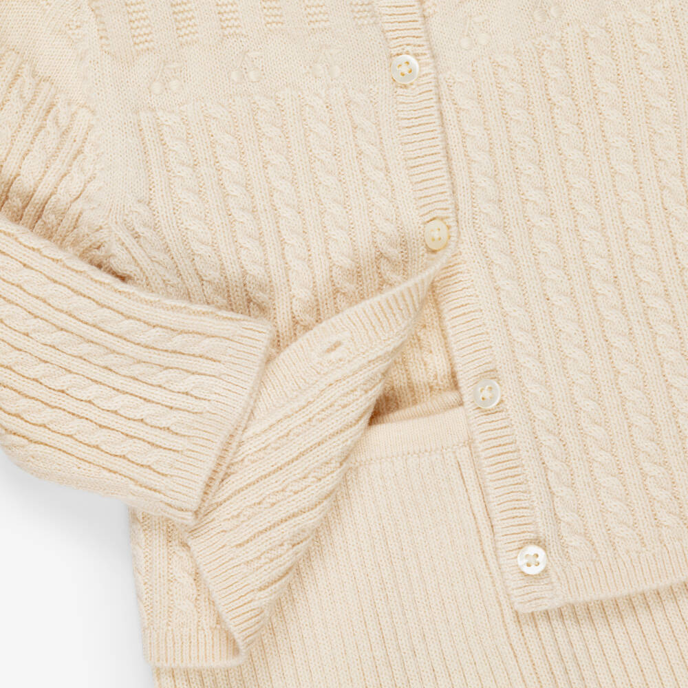 Bonpoint-Baby Girls Beige Cable Knit Cardigan & Trouser Set | Childrensalon