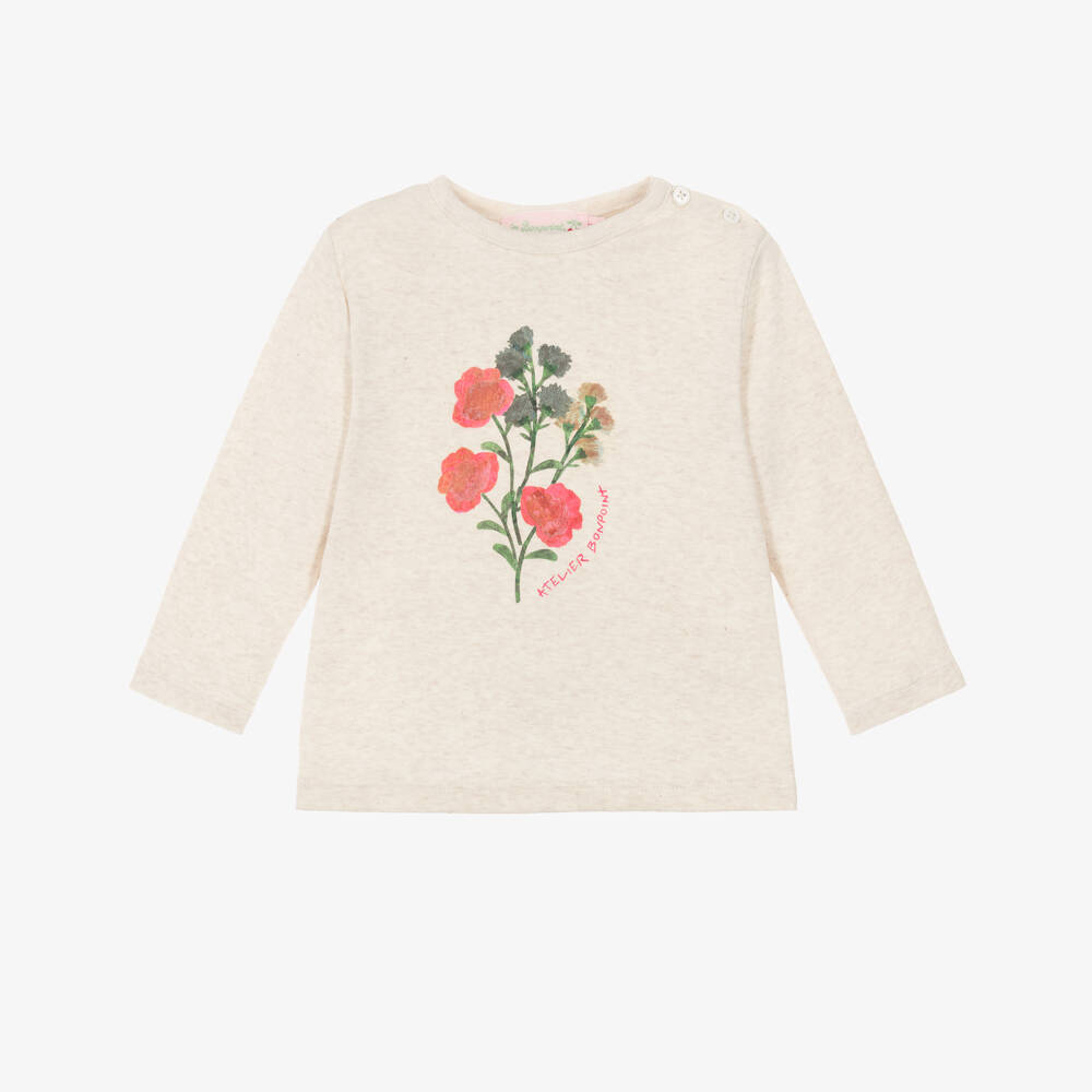 Bonpoint-Baby Girls Beige Cotton Wildflower Long Sleeve Top  | Childrensalon