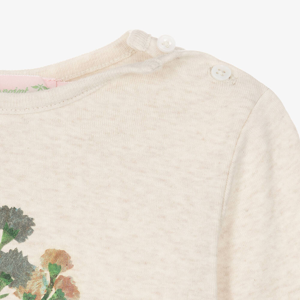 Bonpoint-Baby Girls Beige Cotton Wildflower Long Sleeve Top | Childrensalon
