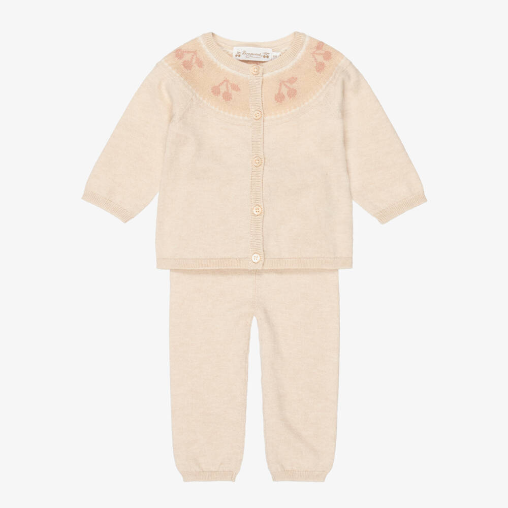 Bonpoint-Baby Girls Beige Knitted Trouser Set with Glittery Cherries | Childrensalon
