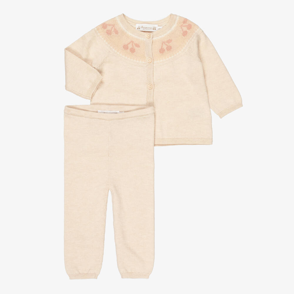 Bonpoint-Baby Girls Beige Knitted Trouser Set with Glittery Cherries | Childrensalon