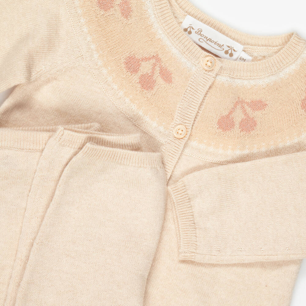 Bonpoint-Baby Girls Beige Knitted Trouser Set with Glittery Cherries | Childrensalon