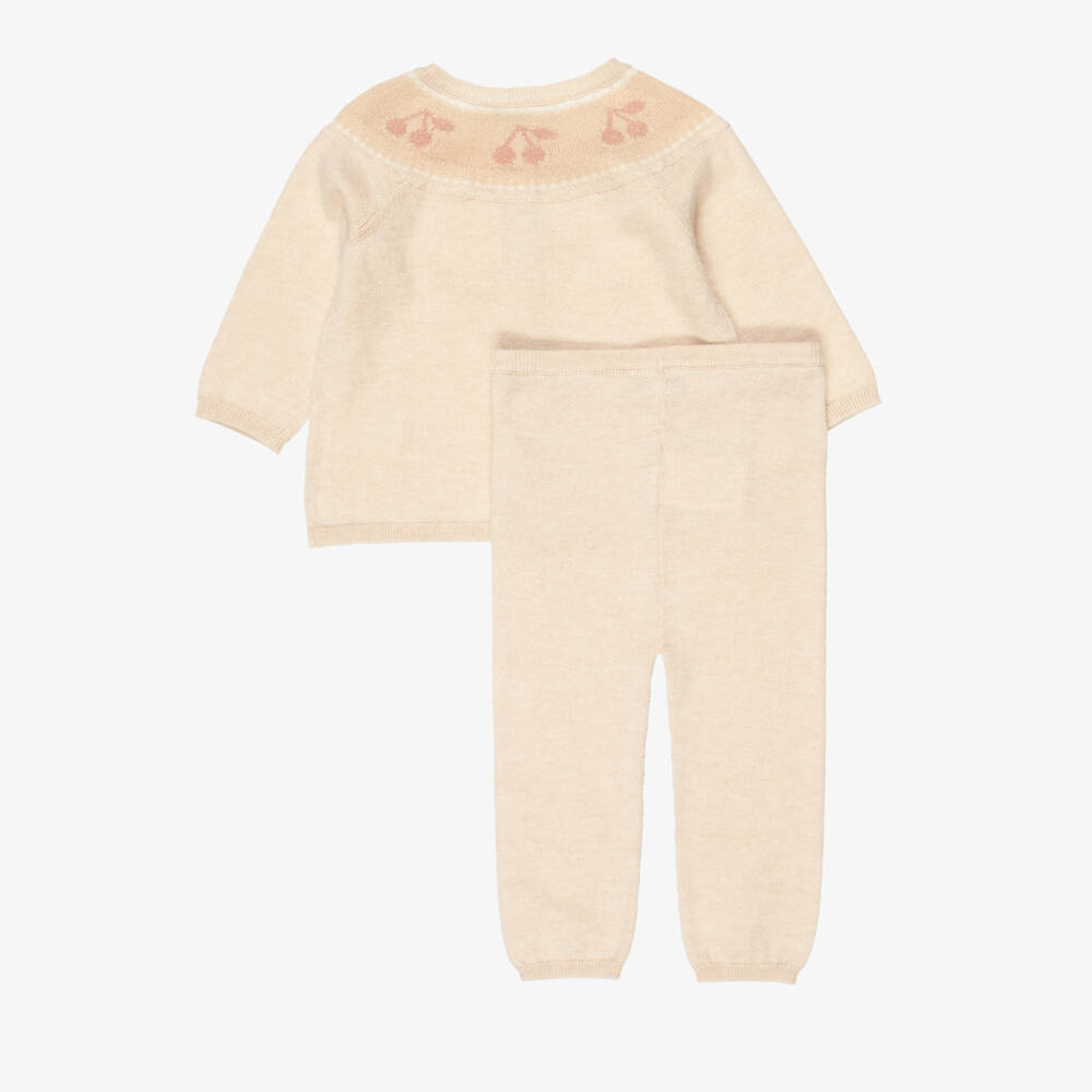 Bonpoint-Baby Girls Beige Knitted Trouser Set with Glittery Cherries | Childrensalon