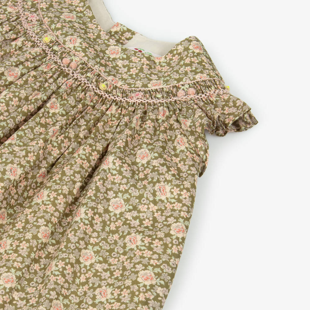 Bonpoint-Платье зеленое хаки в цветочек Liberty для малышек | Childrensalon