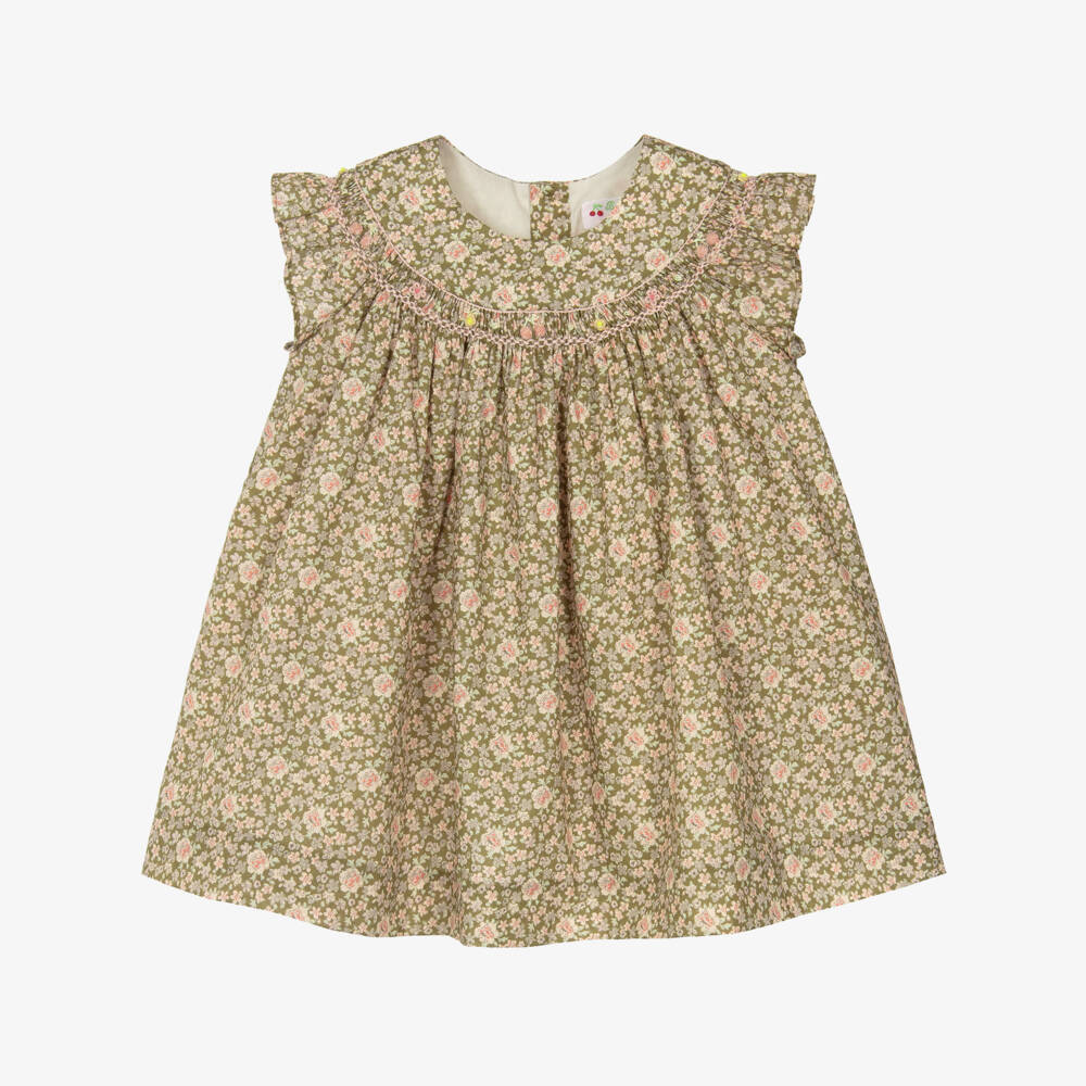 Bonpoint-Baby Girls Khaki Green Liberty Floral Fabric Dress | Childrensalon