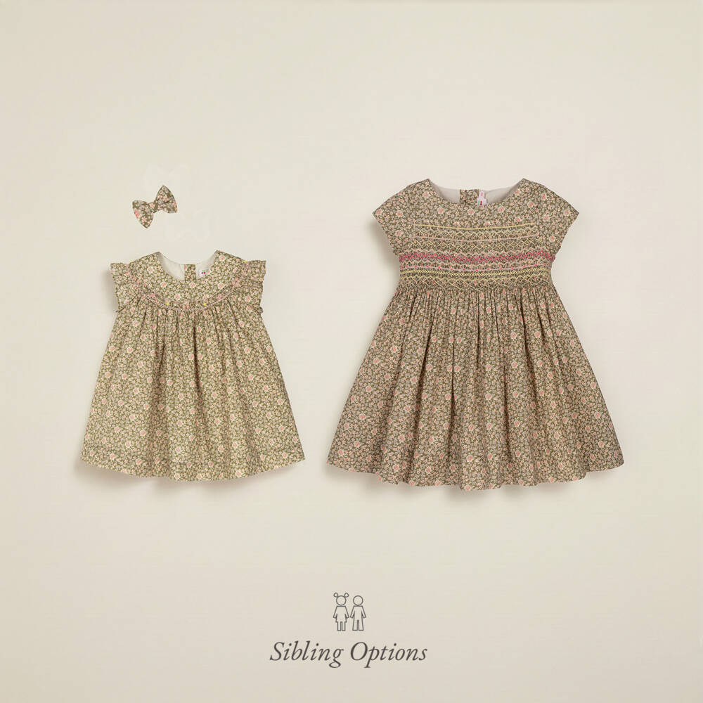 Bonpoint-Baby Girls Khaki Green Liberty Floral Fabric Dress | Childrensalon