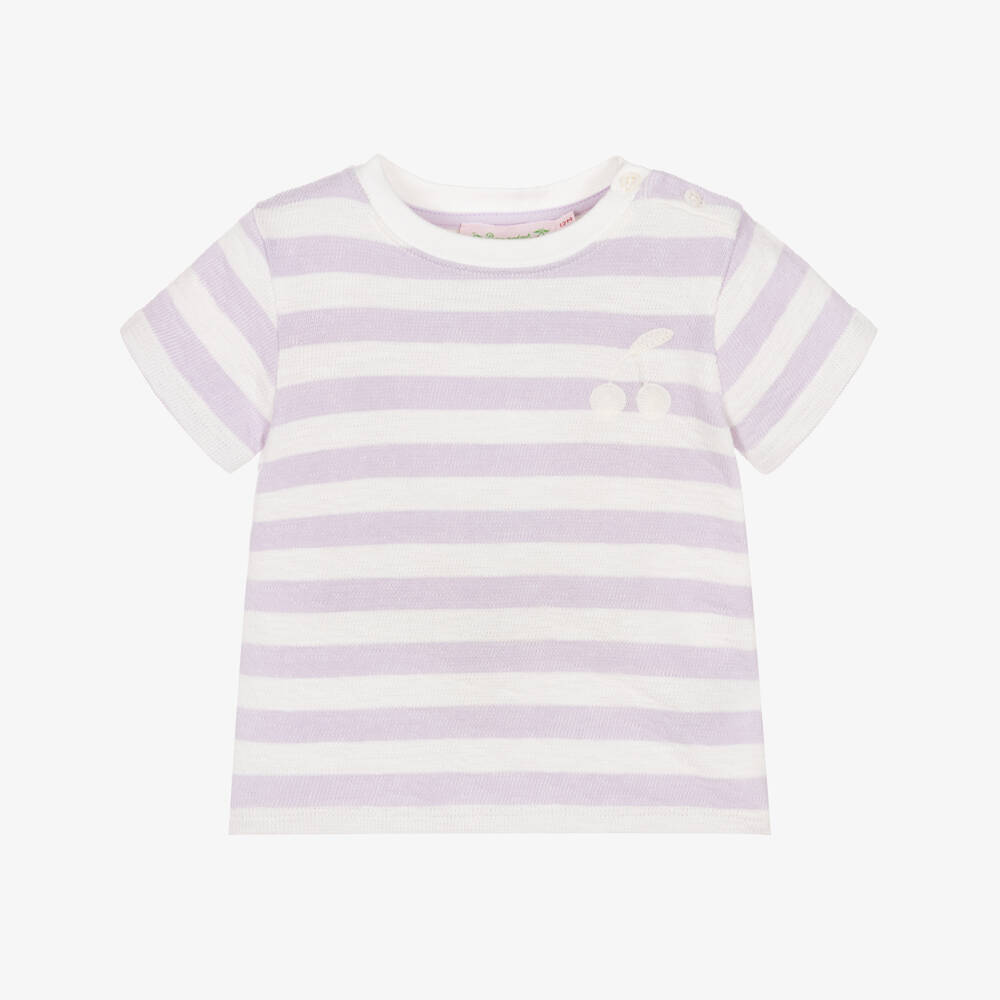 Bonpoint-Baby Girls Lilac & Ivory Stripe Cotton T-Shirt | Childrensalon