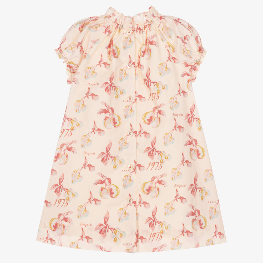 Bonpoint-Baby Girls Pale Peach Poplin Dress with Cherry Print | Childrensalon