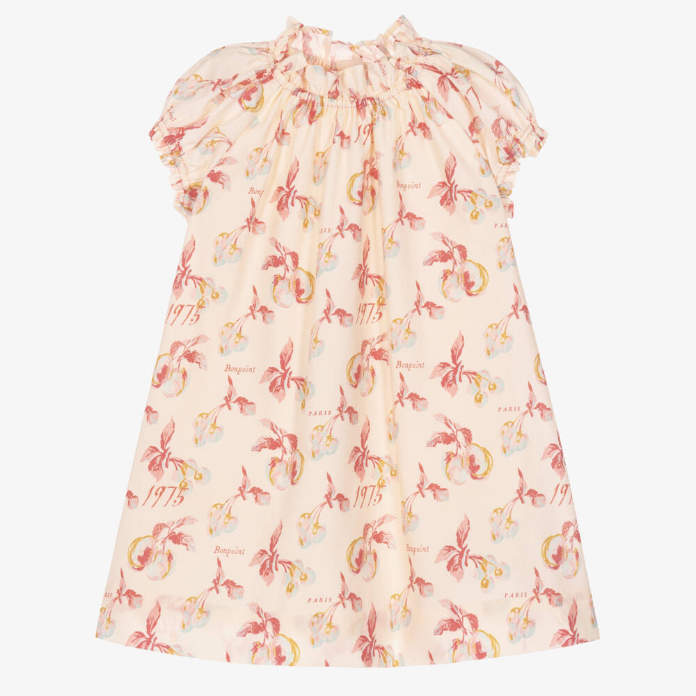 Bonpoint-Baby Girls Pale Peach Poplin Dress with Cherry Print | Childrensalon