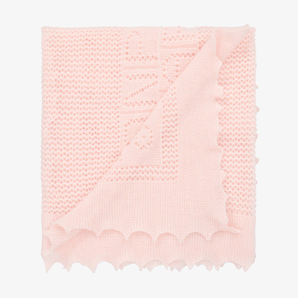 Bonpoint-Baby Girls Pink Scalloped Edge Knitted Blanket (90cm) | Childrensalon