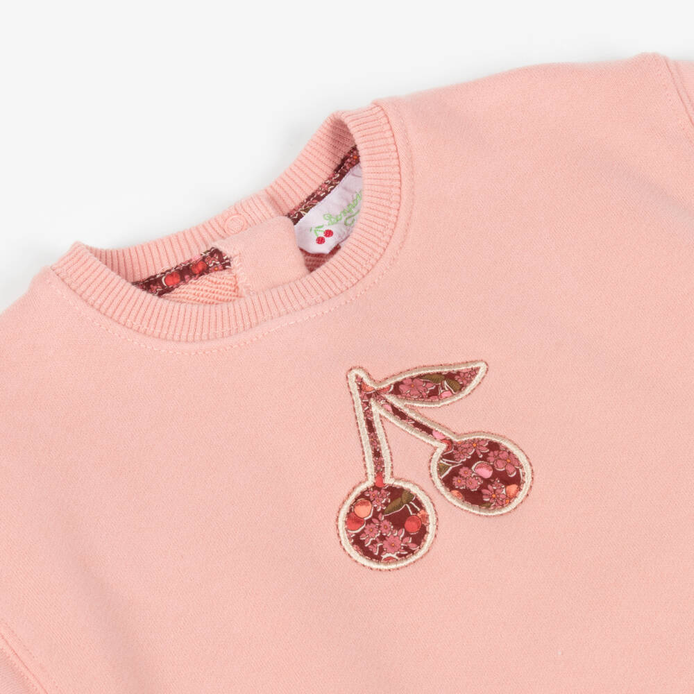 Bonpoint-Baby Girls Pink Sweatshirt with Liberty Fabric Logo Cherries | Childrensalon