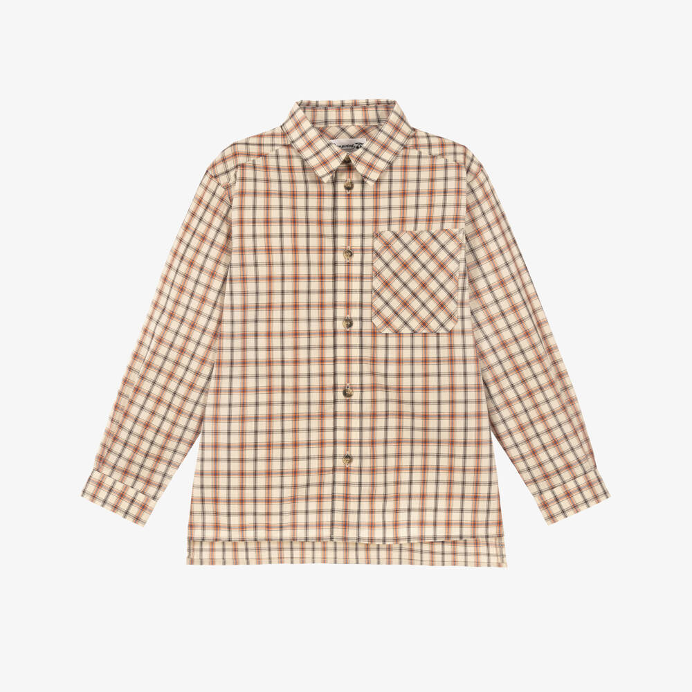 Bonpoint-Boys Beige Cotton Poplin Check Shirt | Childrensalon