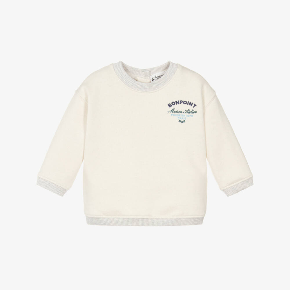 Bonpoint-Boys Beige Jersey Sweatshirt with Embroidered Logo | Childrensalon