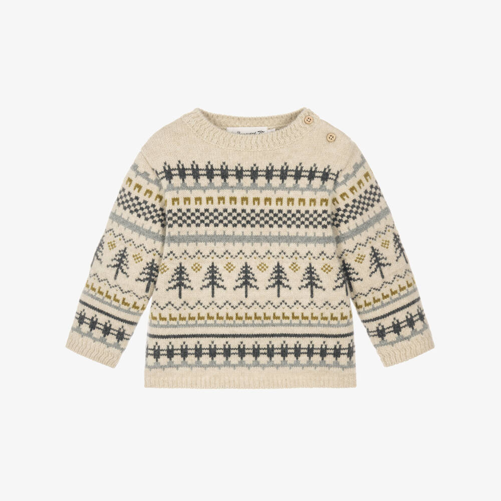Bonpoint-Boys Beige Knitted Fair Isle Sweater  | Childrensalon