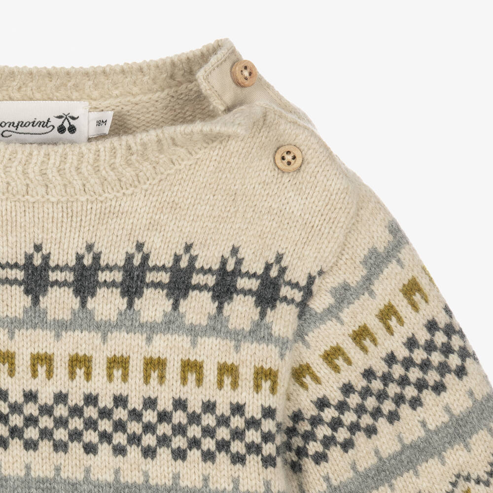 Bonpoint-Boys Beige Knitted Fair Isle Sweater | Childrensalon
