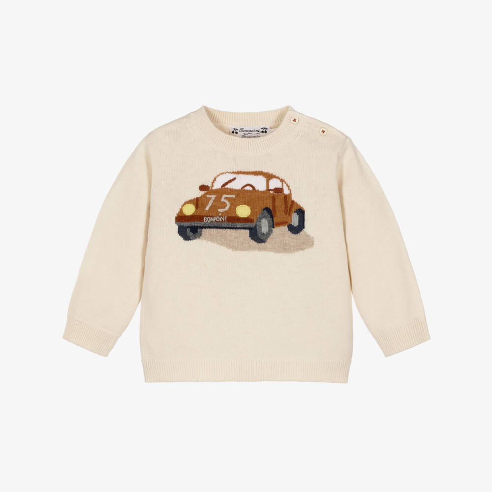 Bonpoint-Boys Hand-Embroidered Sweater in Light Beige | Childrensalon