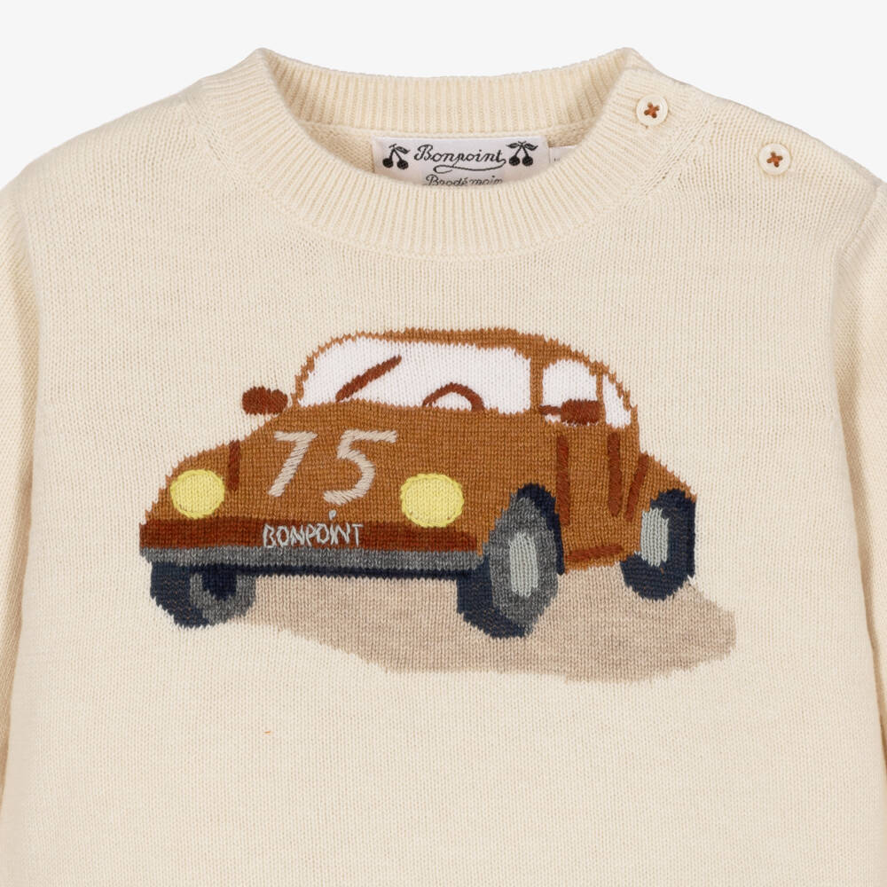 Bonpoint-Boys Hand-Embroidered Sweater in Light Beige | Childrensalon