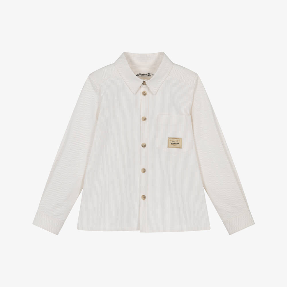 Bonpoint-Boys Ivory & Beige Stripe Oxford Cotton Shirt | Childrensalon
