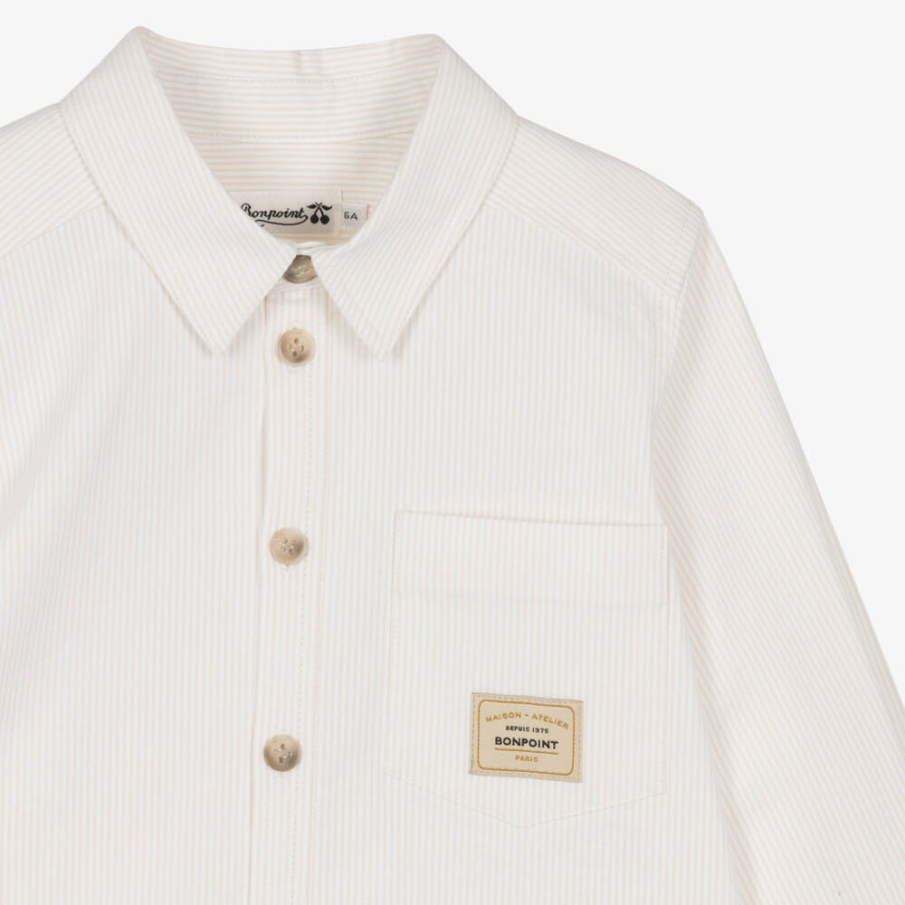 Bonpoint-Boys Ivory & Beige Stripe Oxford Cotton Shirt | Childrensalon