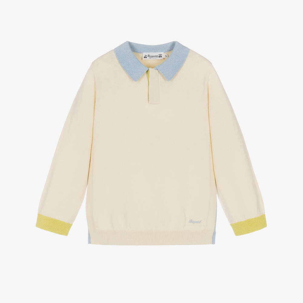 Bonpoint-Boys Ivory & Blue Cotton Polo Sweater | Childrensalon