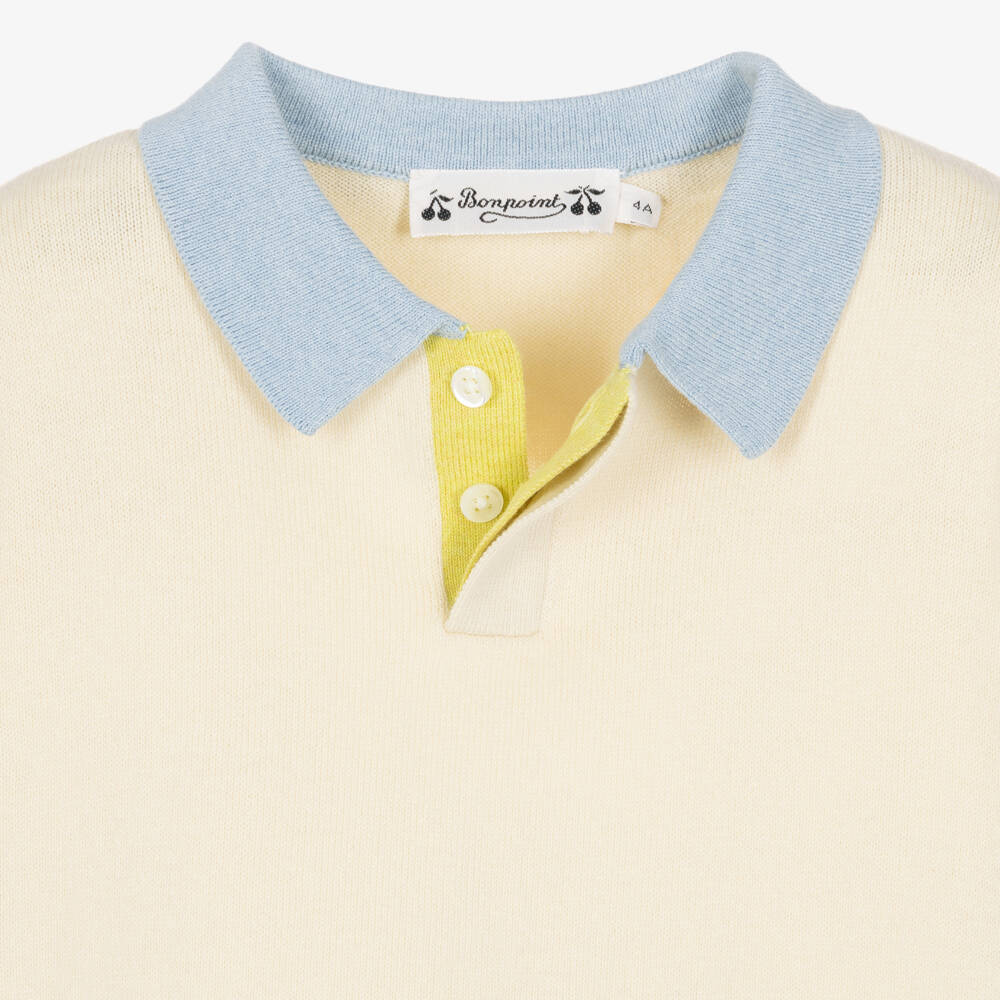 Bonpoint-Boys Ivory & Blue Cotton Polo Sweater | Childrensalon