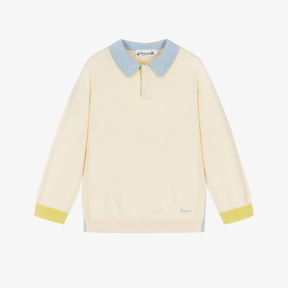 Bonpoint-Boys Ivory & Blue Cotton Polo Sweater | Childrensalon