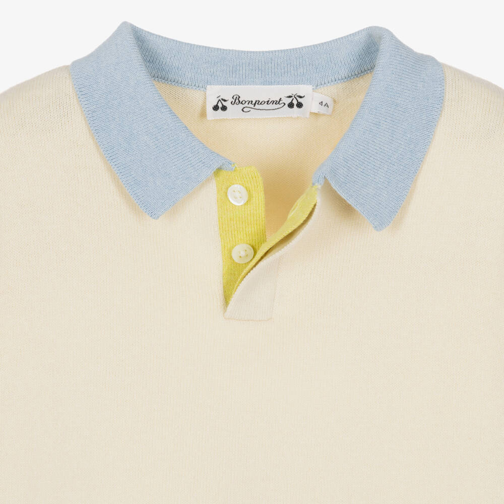 Bonpoint-Boys Ivory & Blue Cotton Polo Sweater | Childrensalon