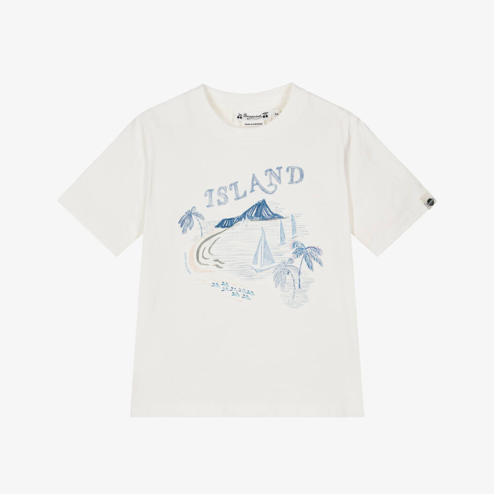 Bonpoint-Boys Ivory & Blue Island Print Cotton T-Shirt | Childrensalon