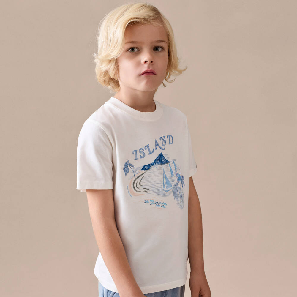 Bonpoint-Футболка хлопковая кремовая с синим островным принтом для мальчиков | Childrensalon