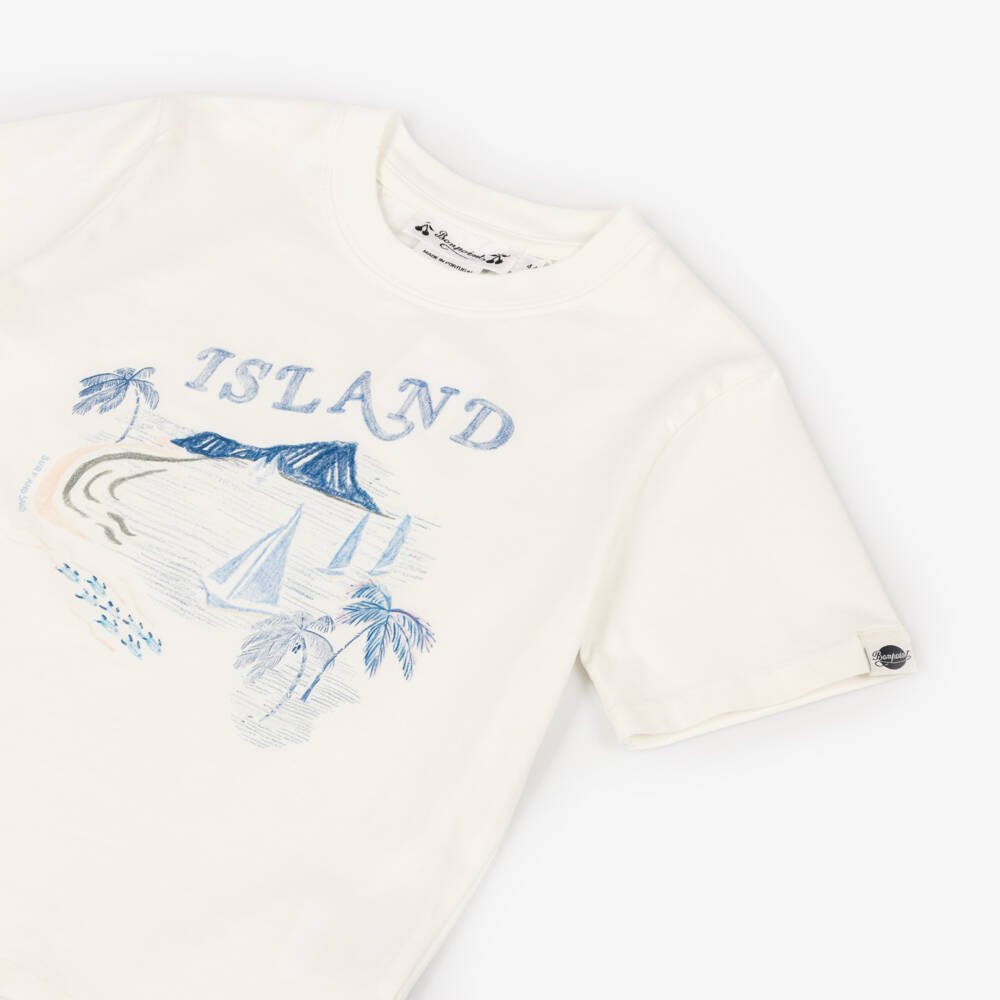 Bonpoint-Футболка хлопковая кремовая с синим островным принтом для мальчиков | Childrensalon