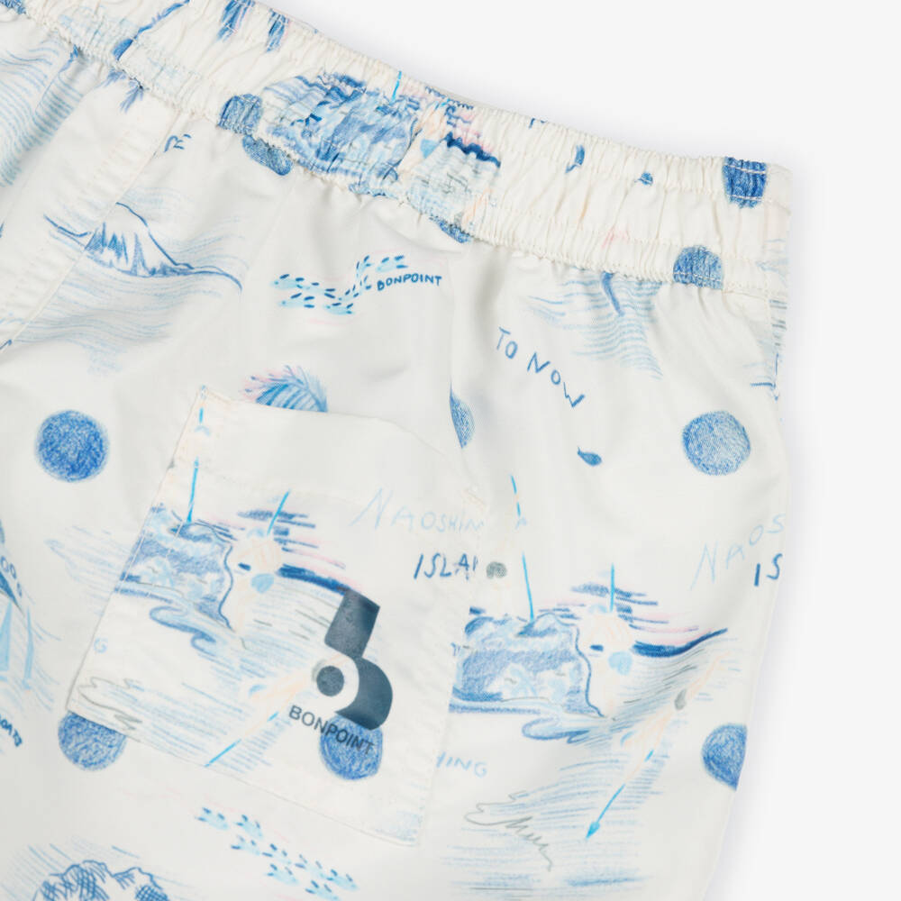 Bonpoint-Boys Ivory & Blue Island Print Swim Shorts | Childrensalon
