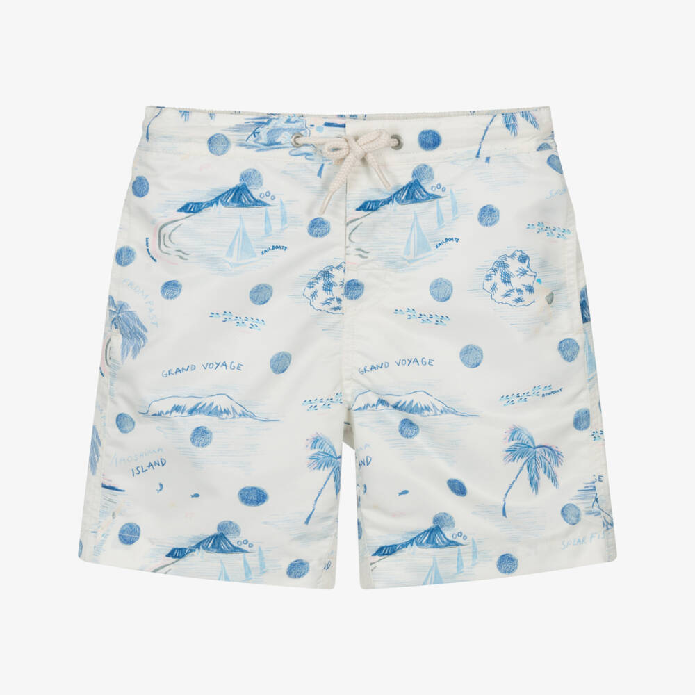 Bonpoint-Boys Ivory & Blue Island Print Swim Shorts | Childrensalon