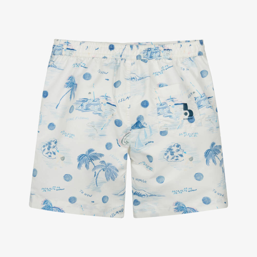 Bonpoint-Boys Ivory & Blue Island Print Swim Shorts | Childrensalon
