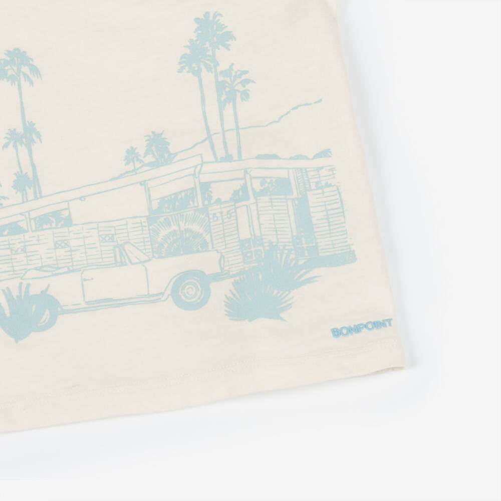 Bonpoint-Boys Ivory Cotton T-Shirt with Blue Car Print | Childrensalon